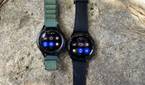 Samsung Galaxy Watch 4 Classic beside the Watch 6 Classic showing the quick toggles
