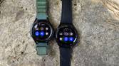 Samsung Galaxy Watch 4 Classic beside the Watch 6 Classic showing the quick toggles