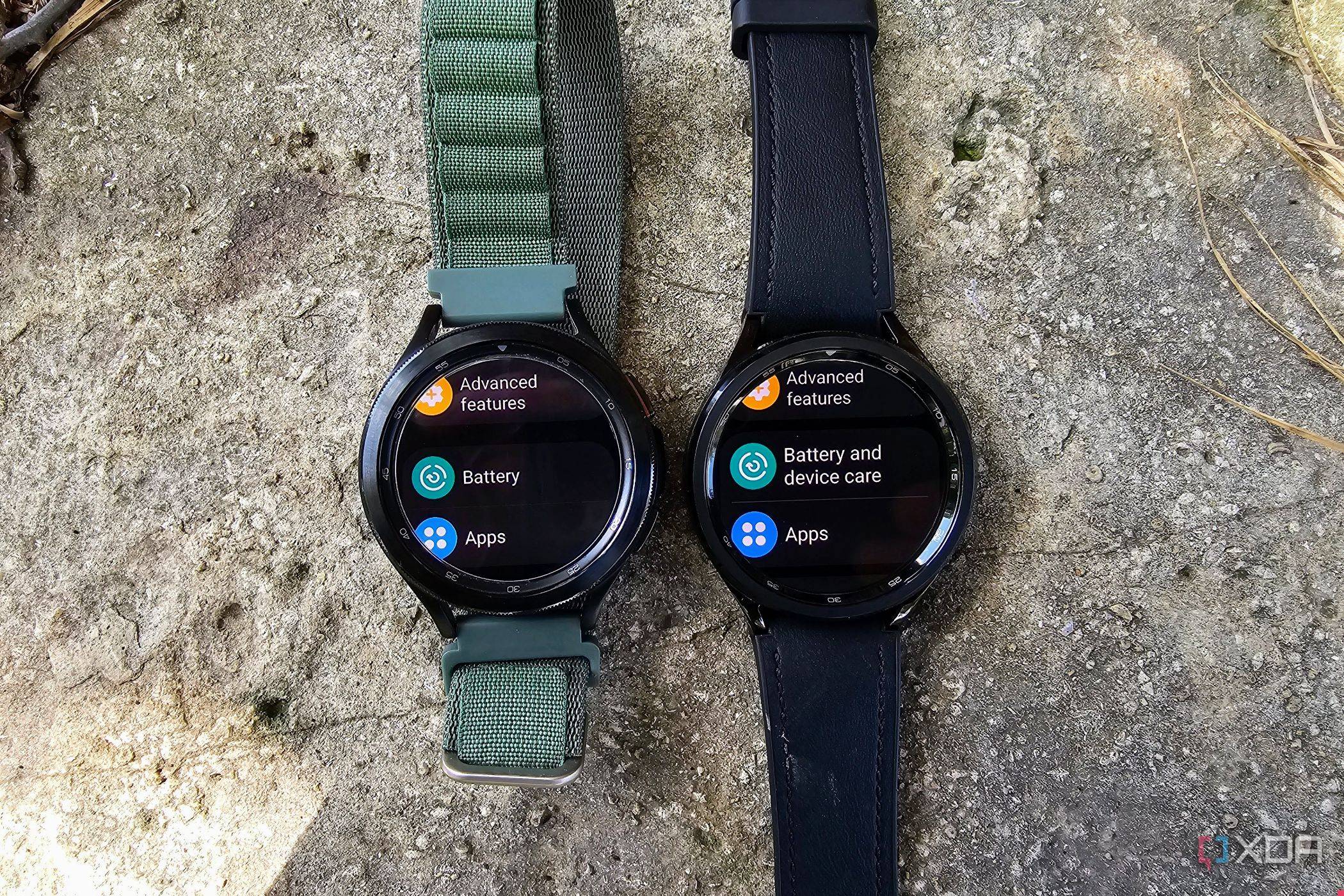 Samsung Galaxy Watch 4 Classic beside the Watch 6 Classic showing the settings