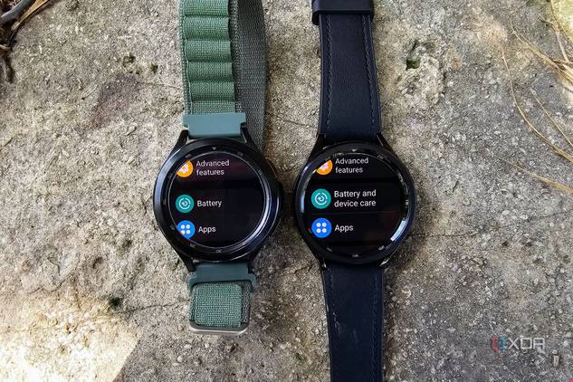 Samsung Galaxy Watch 4 Classic beside the Watch 6 Classic showing the settings