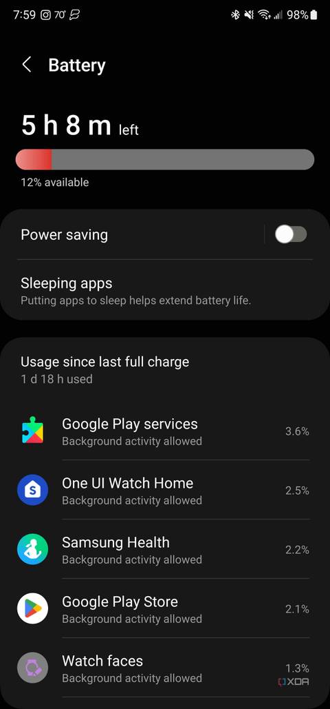 Samsung Galaxy Wear app screenshot of Watch 6 Classic battery usage with AOD off