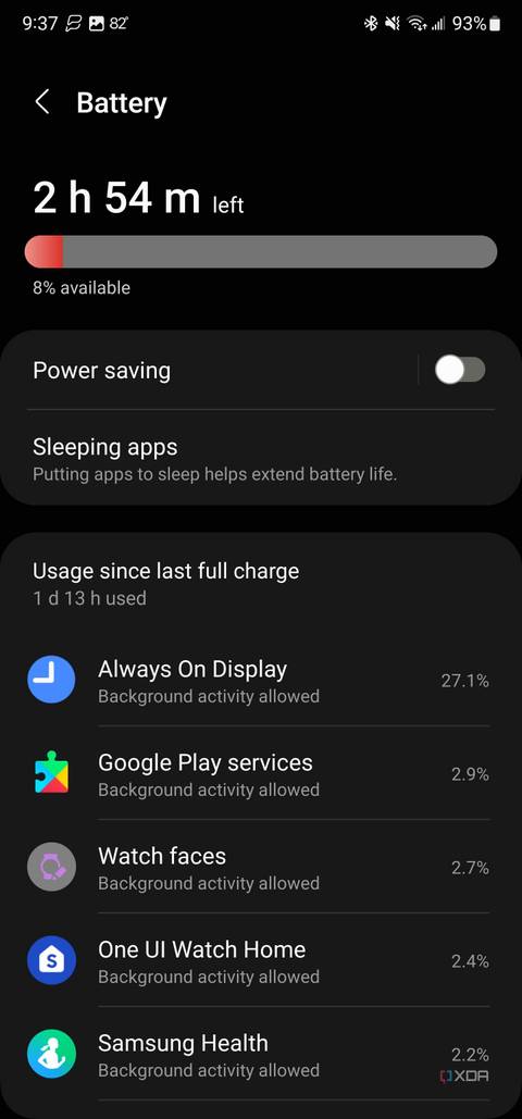 Samsung Galaxy Wear app screenshot of Watch 6 Classic battery usage with AOD on
