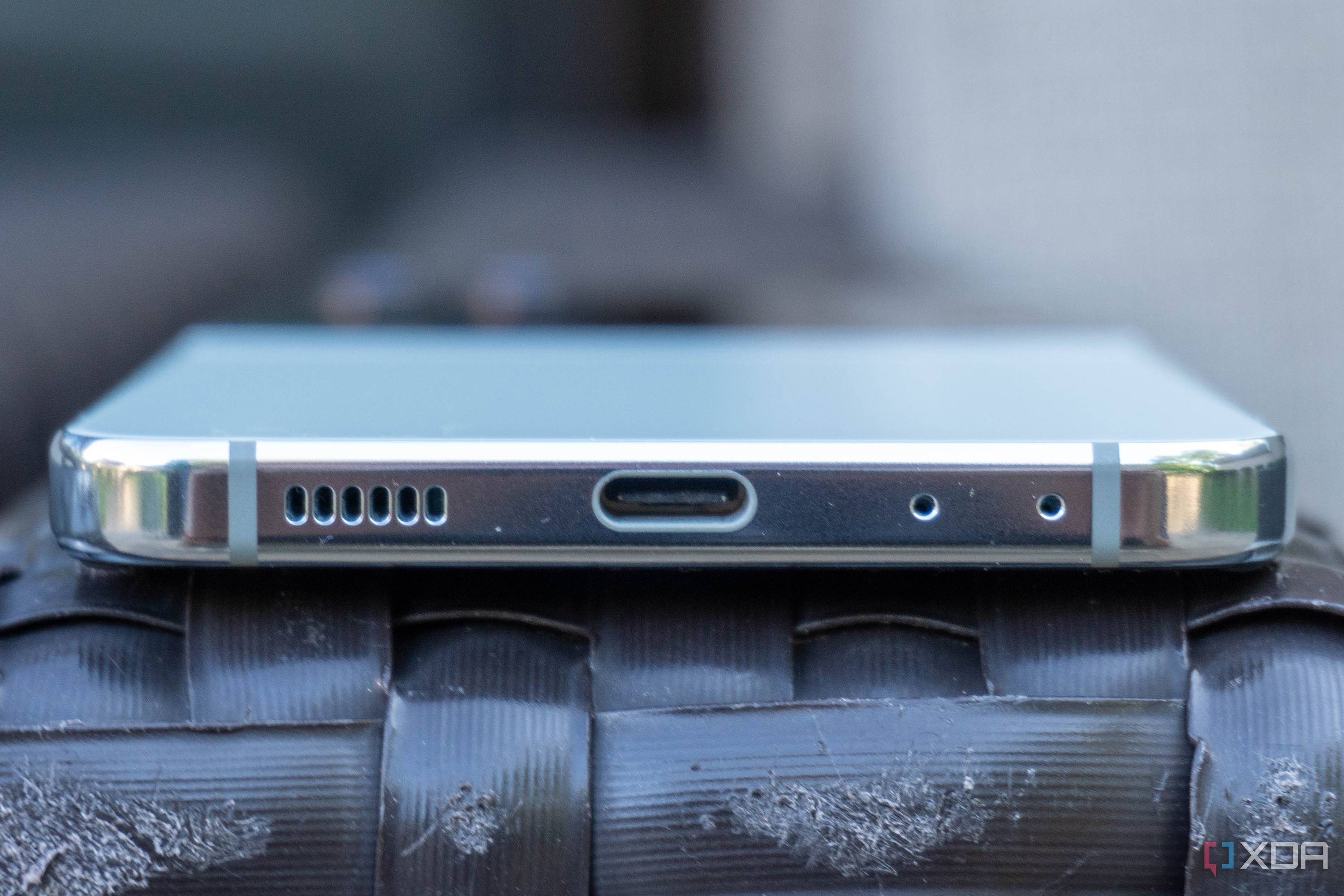 View of the bottom of the Samsung Galaxy Z Flip 5, showing the USB port.
