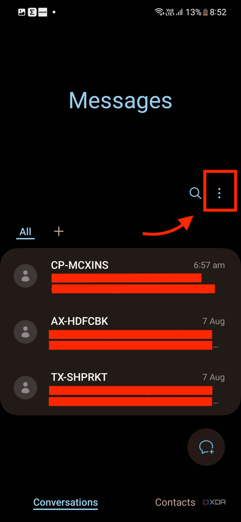 A screenshot showing the highlighted three-dot menu option within Samsung Messages app.