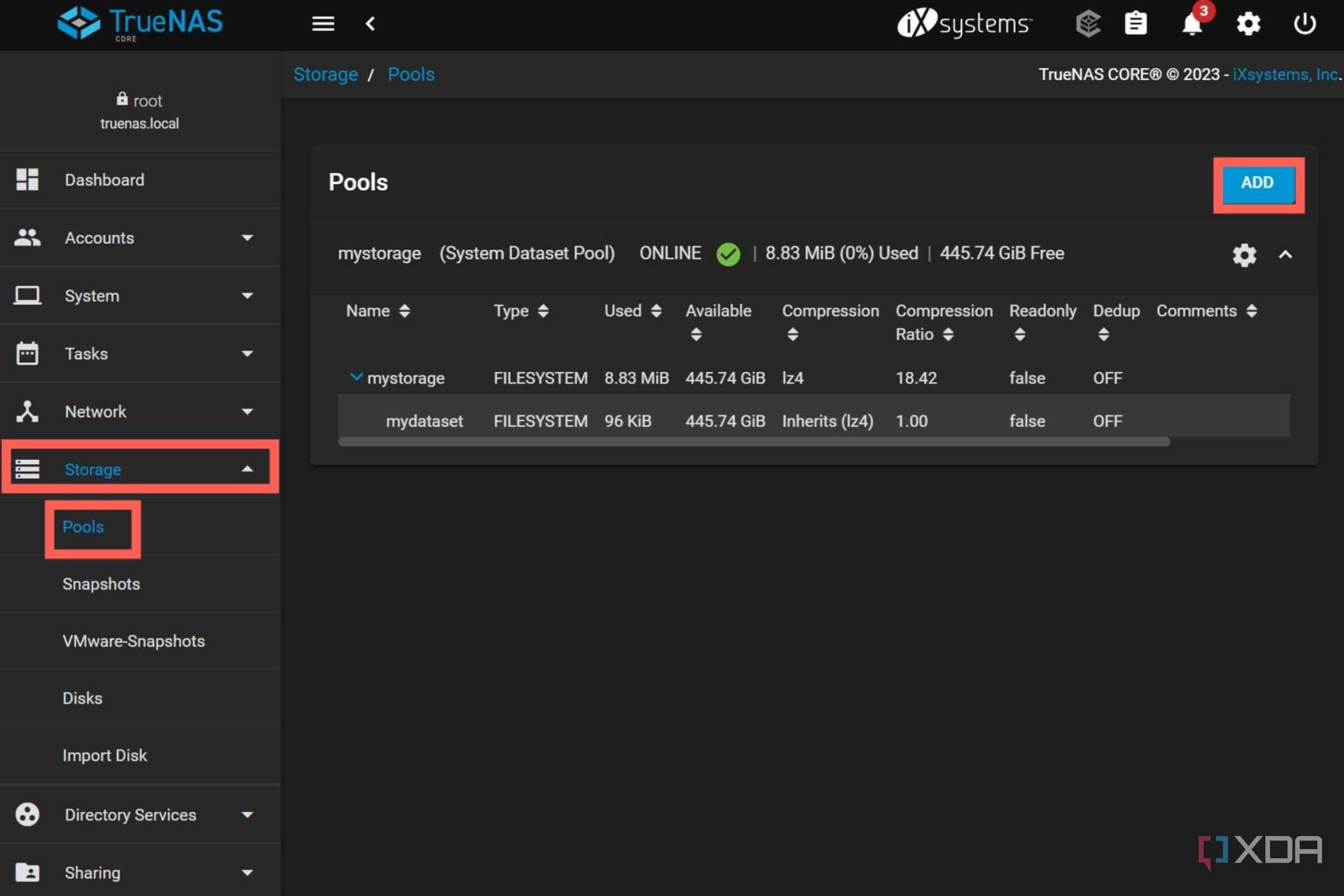 Head to the Pools tab under Storage and click on the Add button in the top-right corner