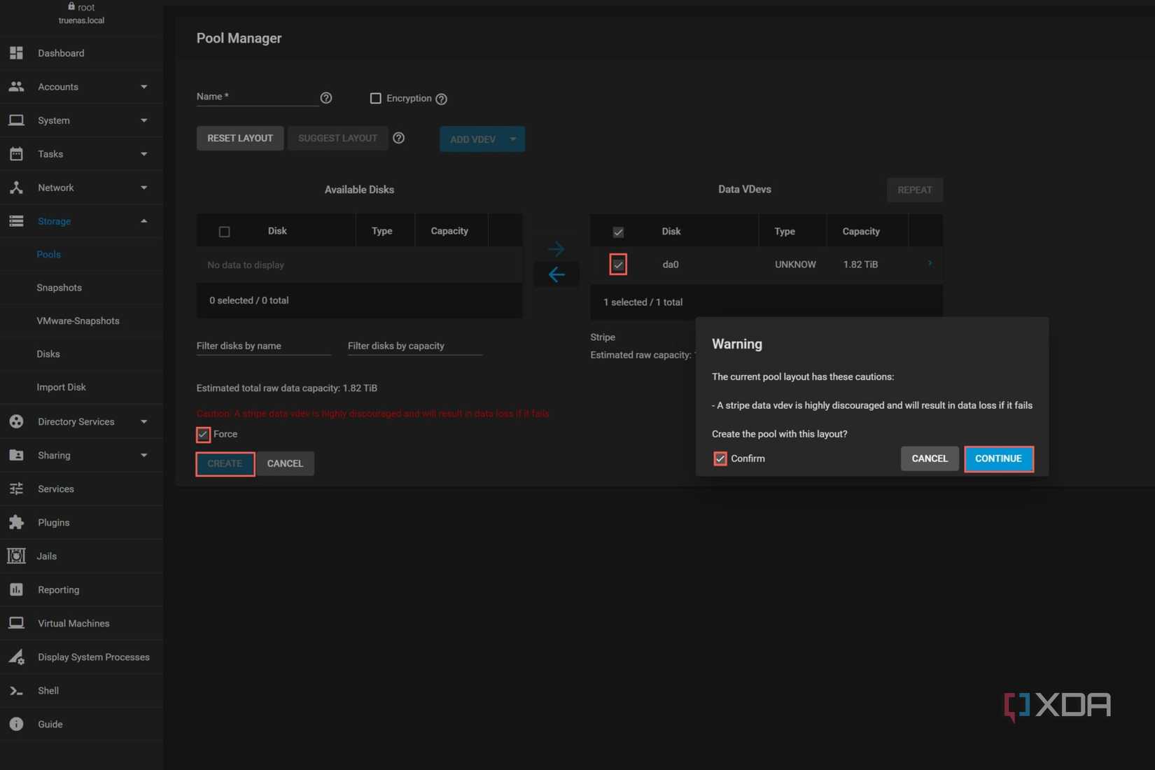 A screenshot depicting the Pool Manager settings in the TrueNAS CORE interface