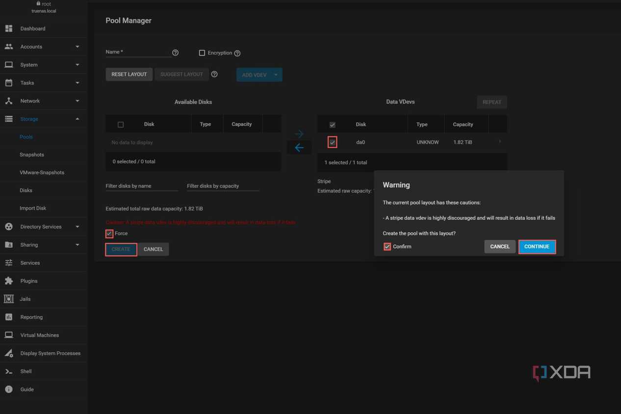 A screenshot depicting the Pool Manager settings in the TrueNAS CORE interface
