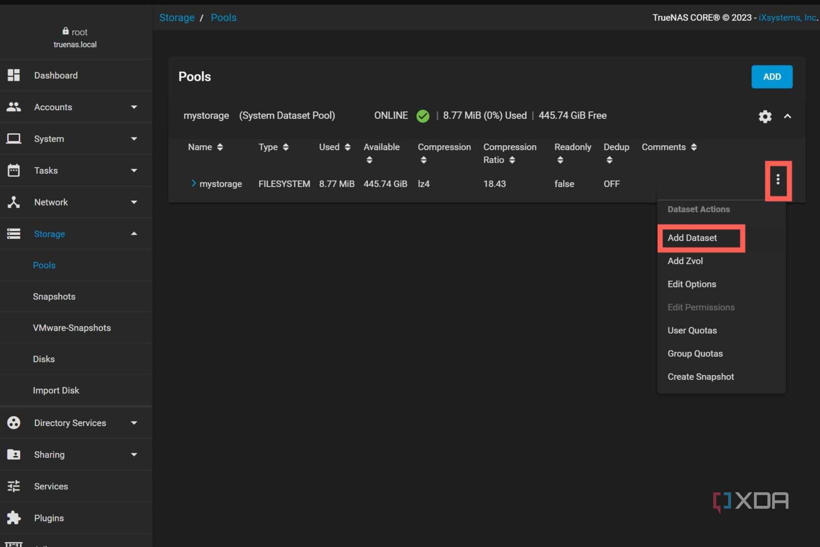 Click on the three dots next to the drive pool you just created and select the Add Dataset option