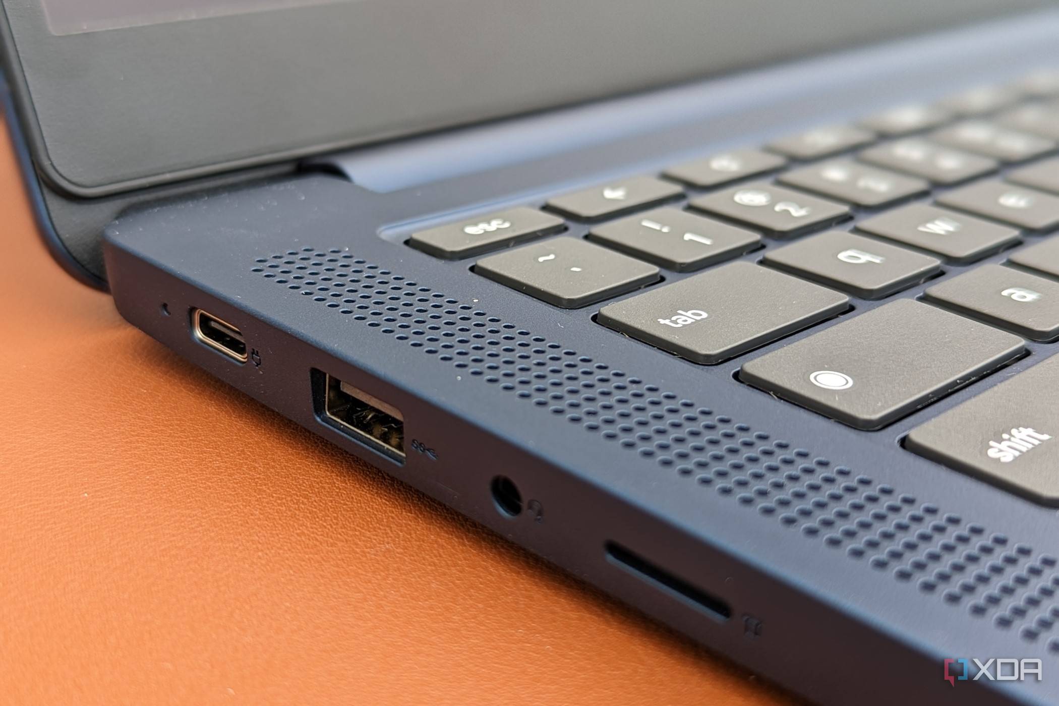 A photo of the ports on the left side of the Slim 3 Chromebook