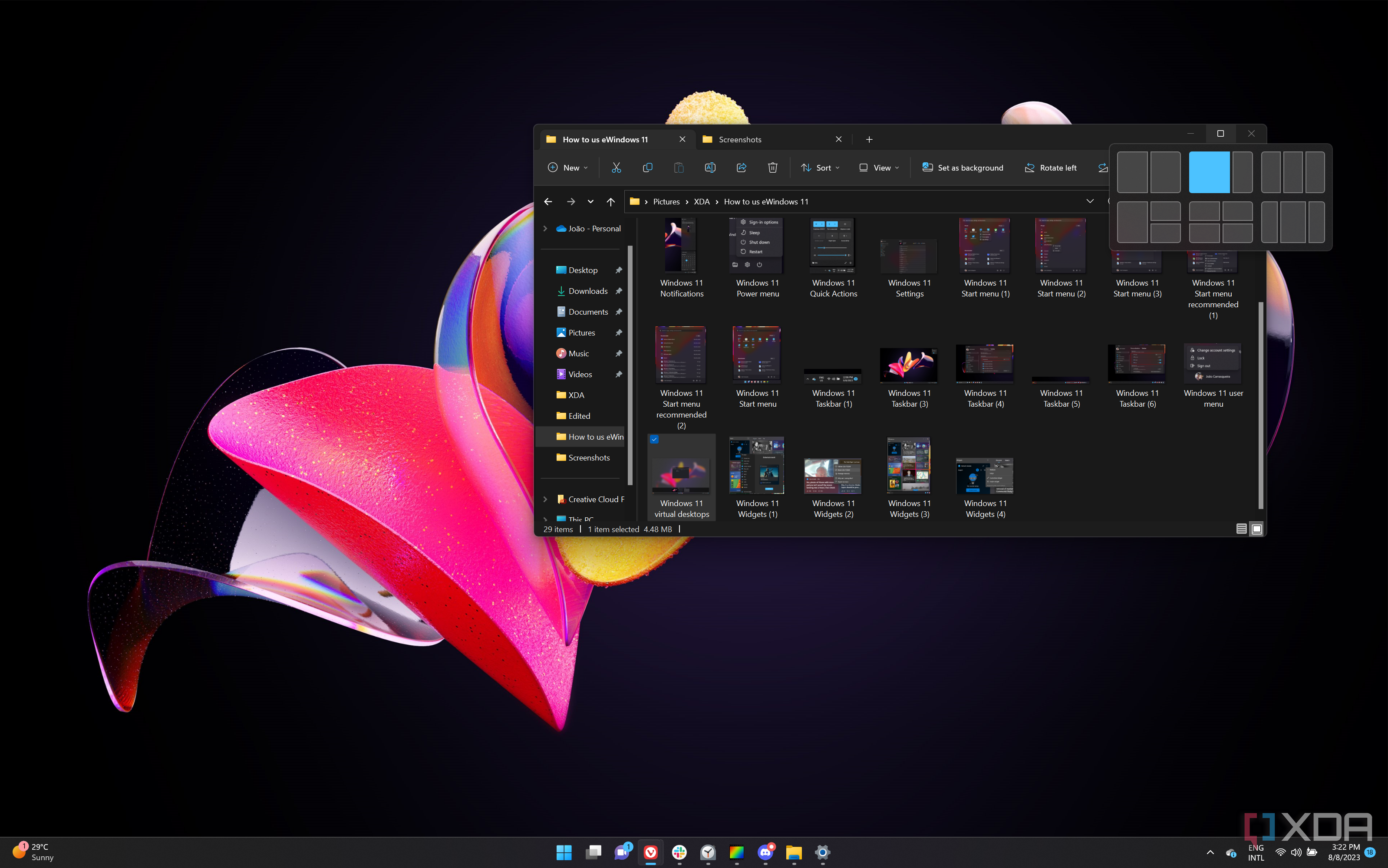 Screenshot of the File Explorer in Windows 11 showing Snap Layout options