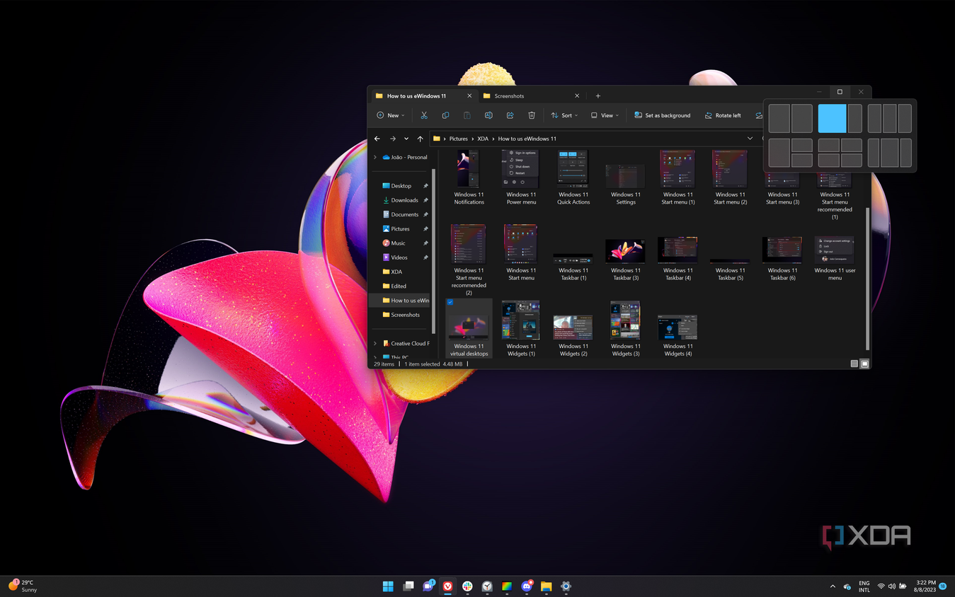 Screenshot of the File Explorer in Windows 11 showing Snap Layout options