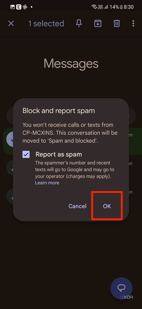 A screenshot showing the highlighted pam block confirmation message in Google Messages app.