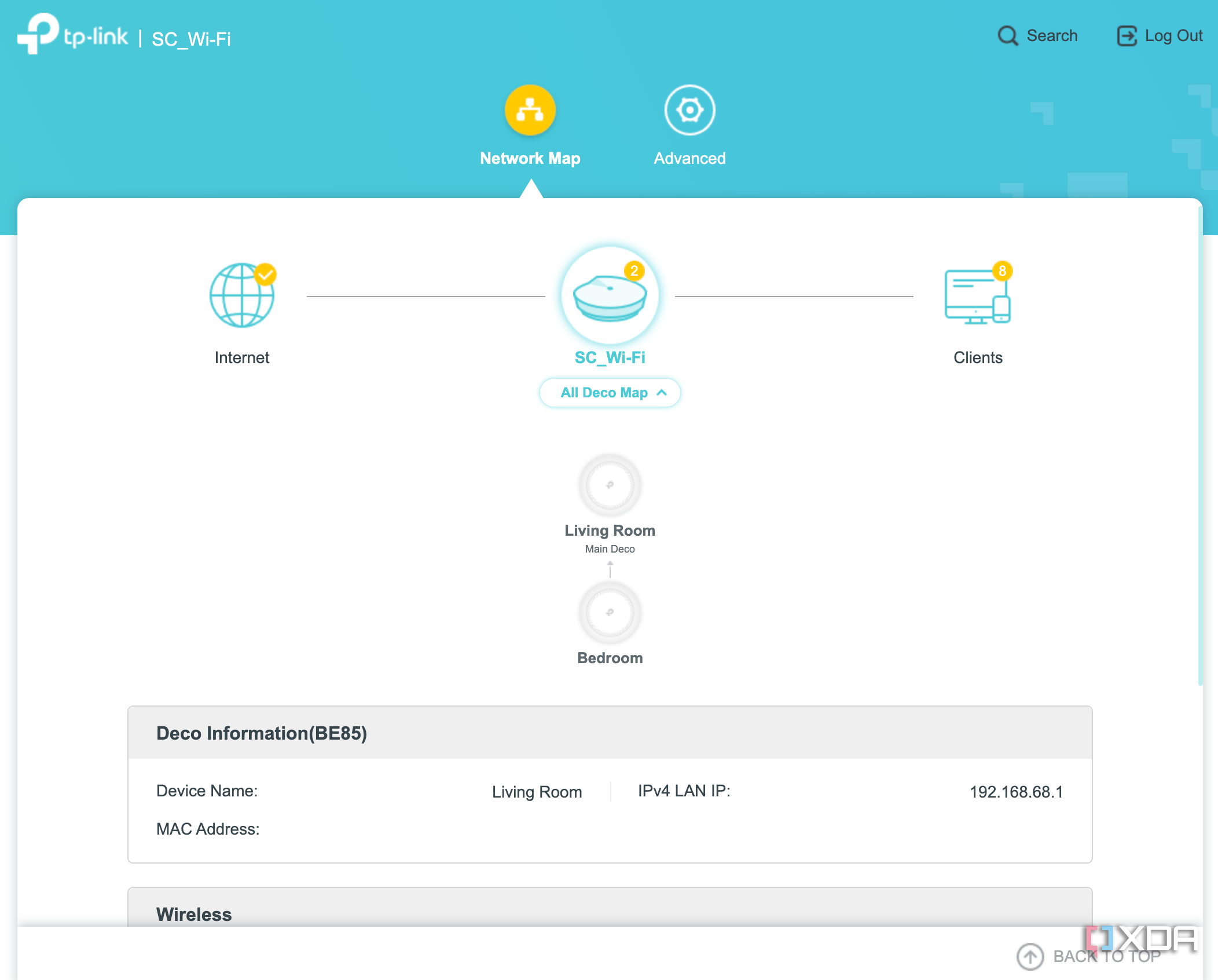 TP-Link Deco BE85: A simplified webUI shows connected nodes and clients