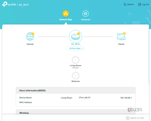 TP-Link Deco BE85: A simplified webUI shows connected nodes and clients