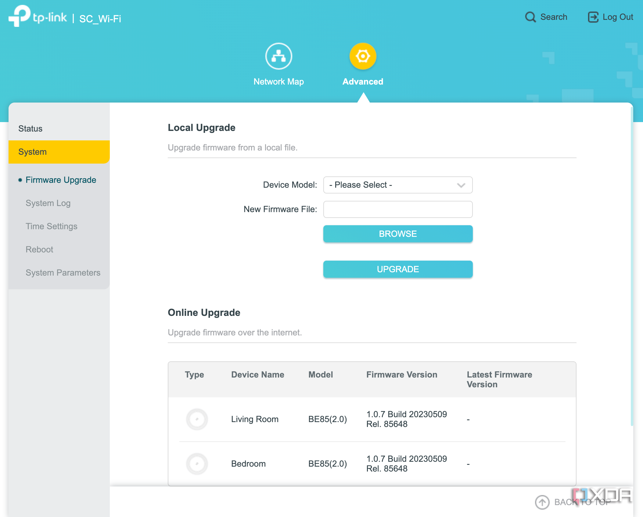 TP-Link Deco BE85 webUI showing firmware upgrade options