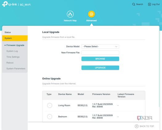TP-Link Deco BE85 webUI showing firmware upgrade options