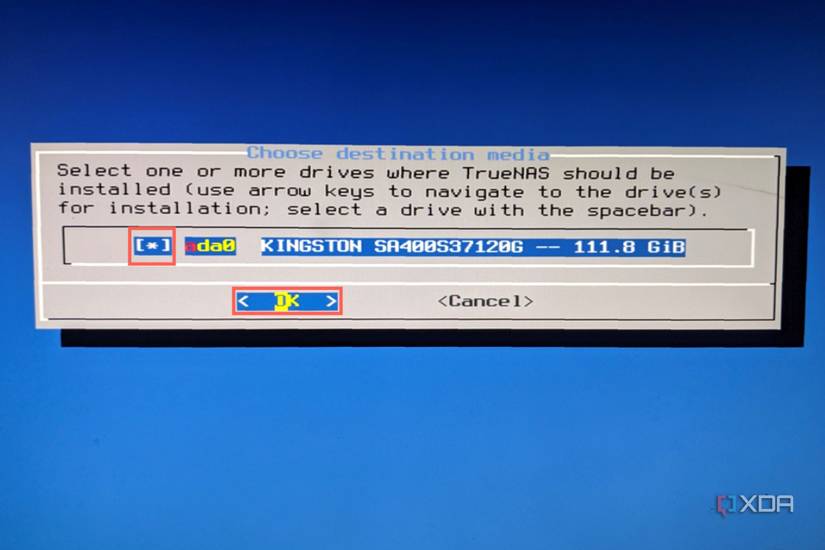 Navigate to the drive of your choice using the arrow-keys and select it with the spacebar key.
