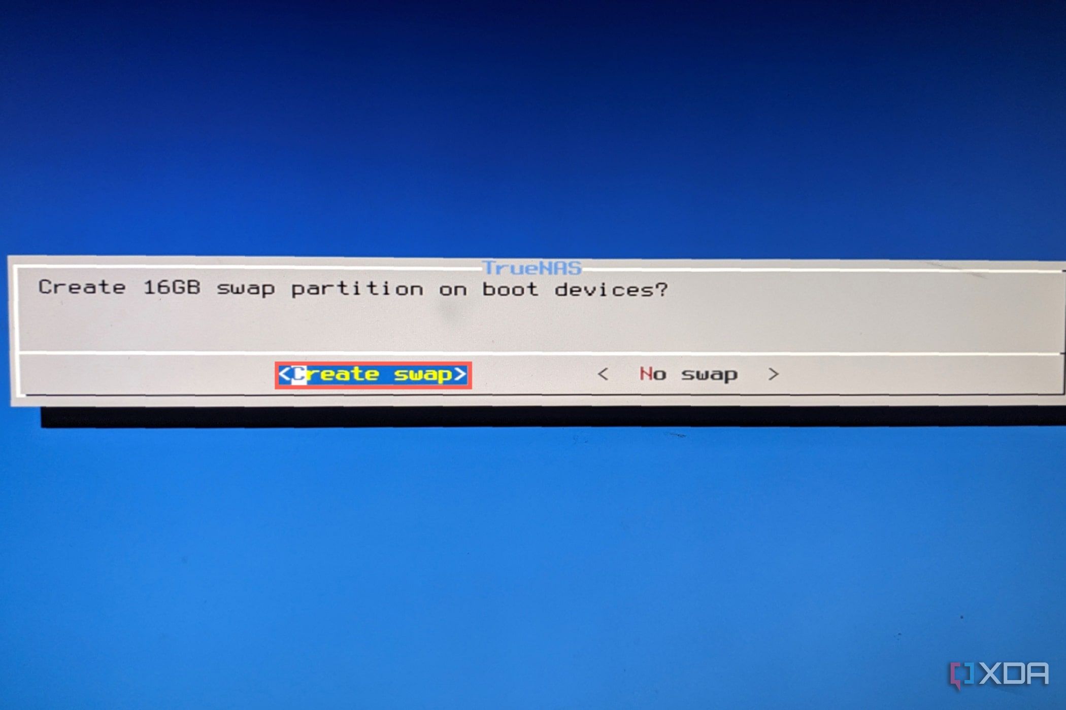 Choose Create swap when prompted by the TrueNAS CORE setup wizard