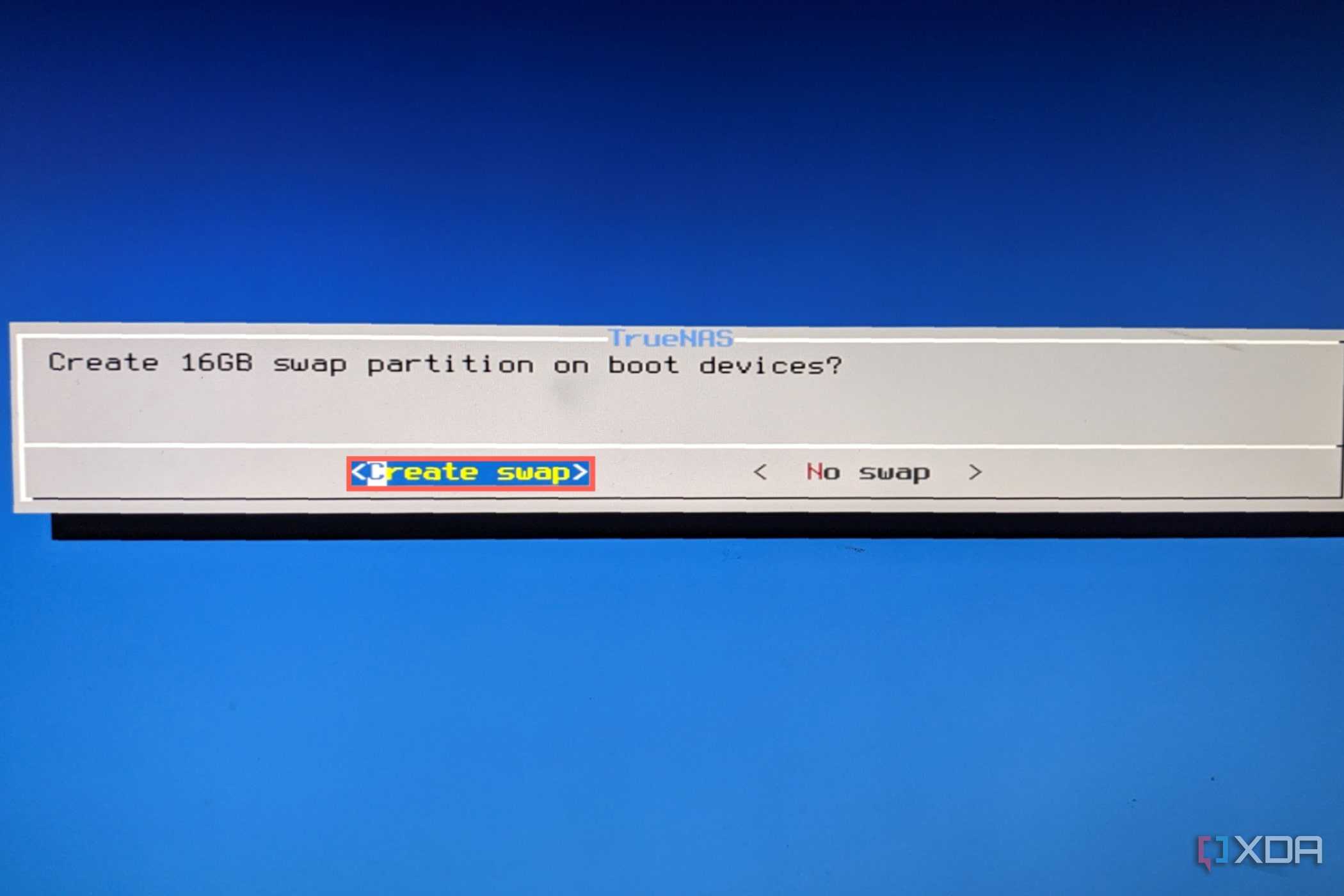Choose Create swap when prompted by the TrueNAS CORE setup wizard