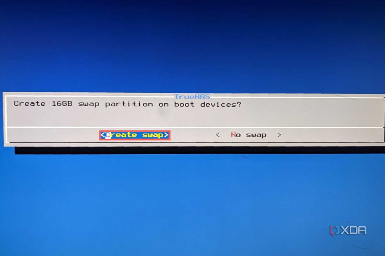 Choose Create swap when prompted by the TrueNAS CORE setup wizard