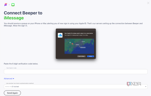 A screenshot showing the login verification page for iMessage on Beeper.