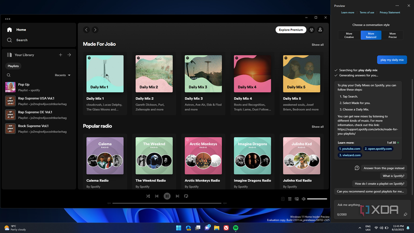 Screenshot of a Spotify home page and Copilot on the right side failing to interact with the app
