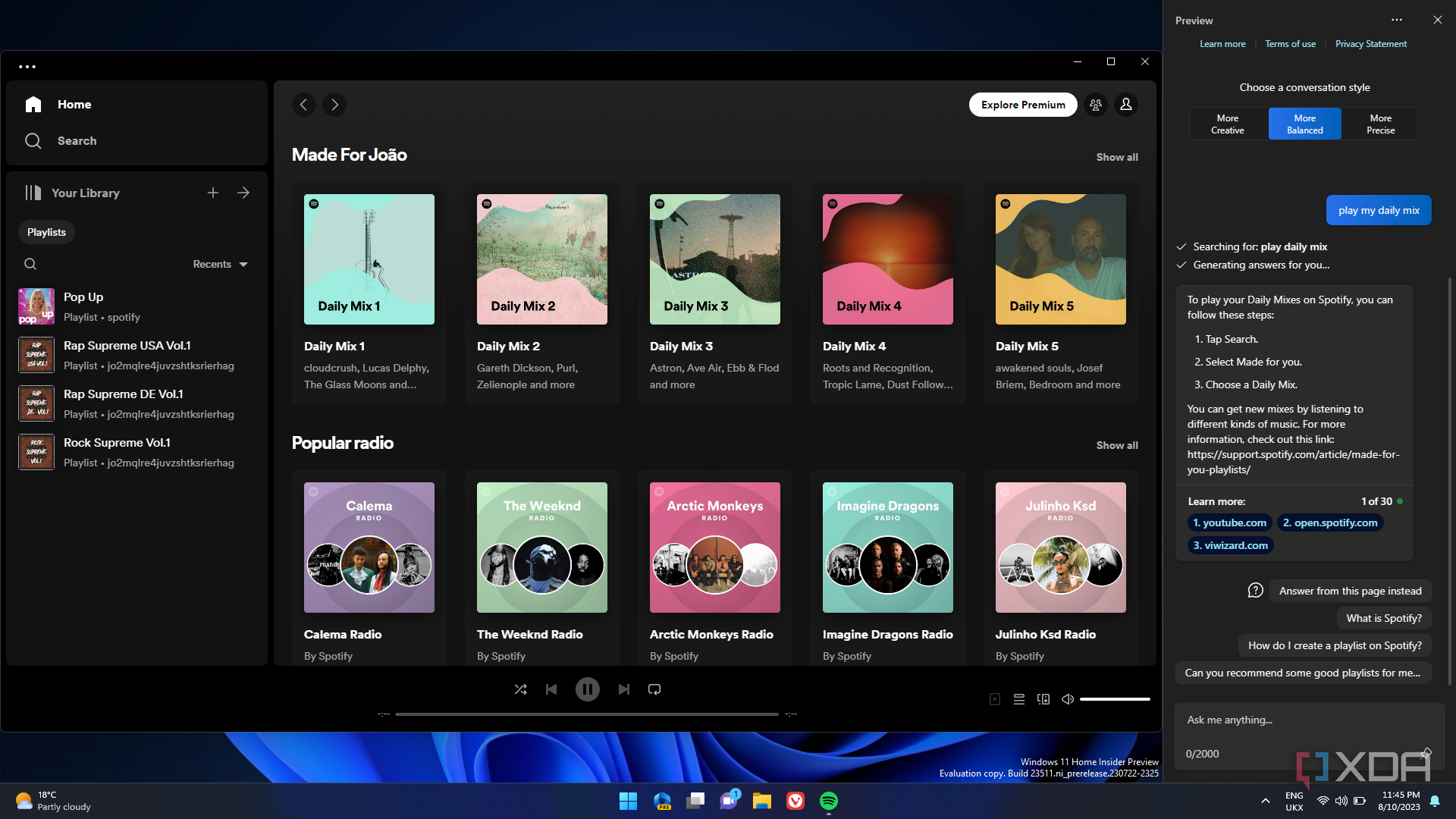 Screenshot of a Spotify home page and Copilot on the right side failing to interact with the app