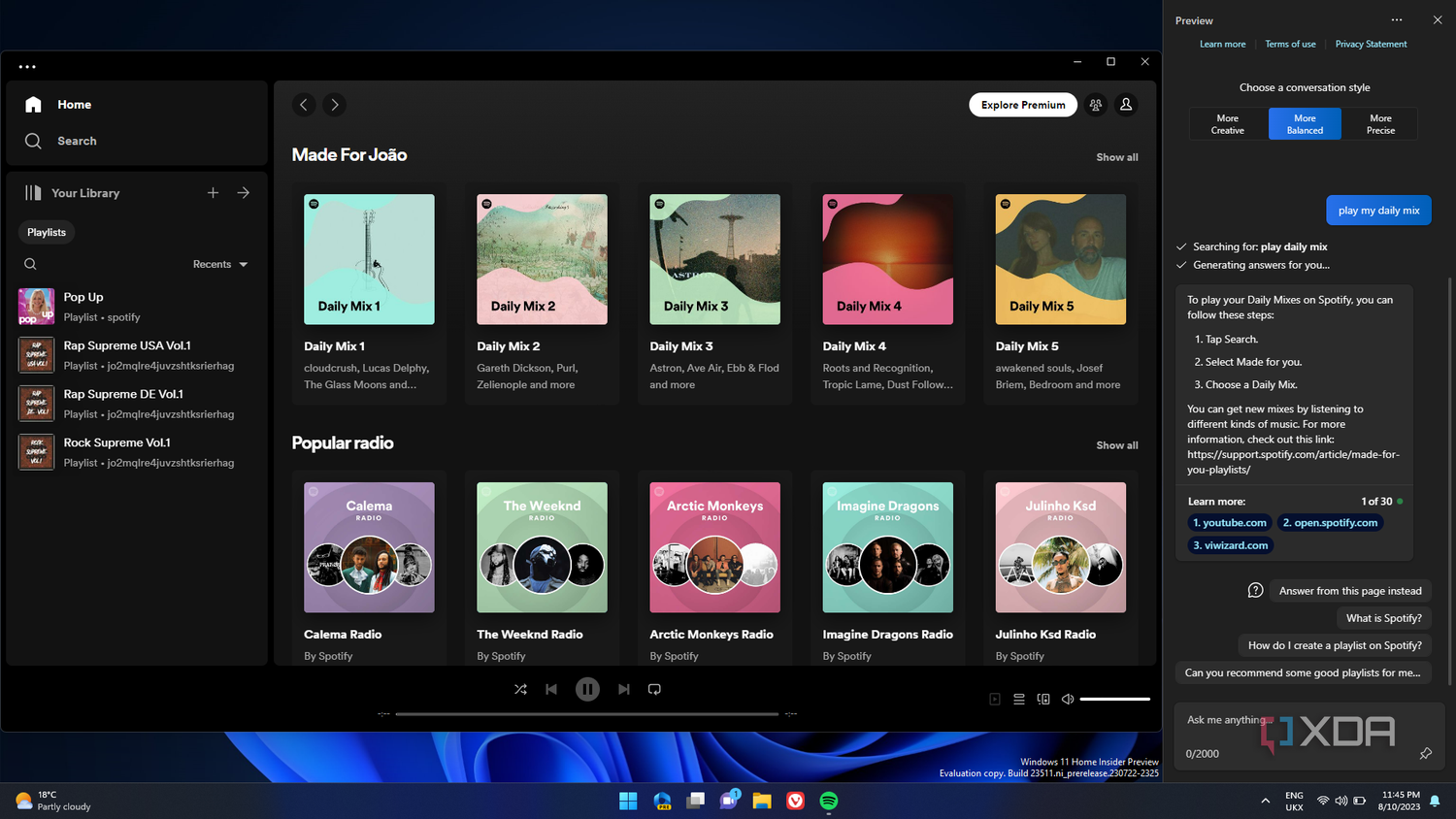Screenshot of a Spotify home page and Copilot on the right side failing to interact with the app