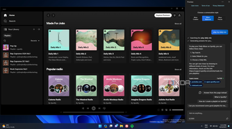 Screenshot of a Spotify home page and Copilot on the right side failing to interact with the app
