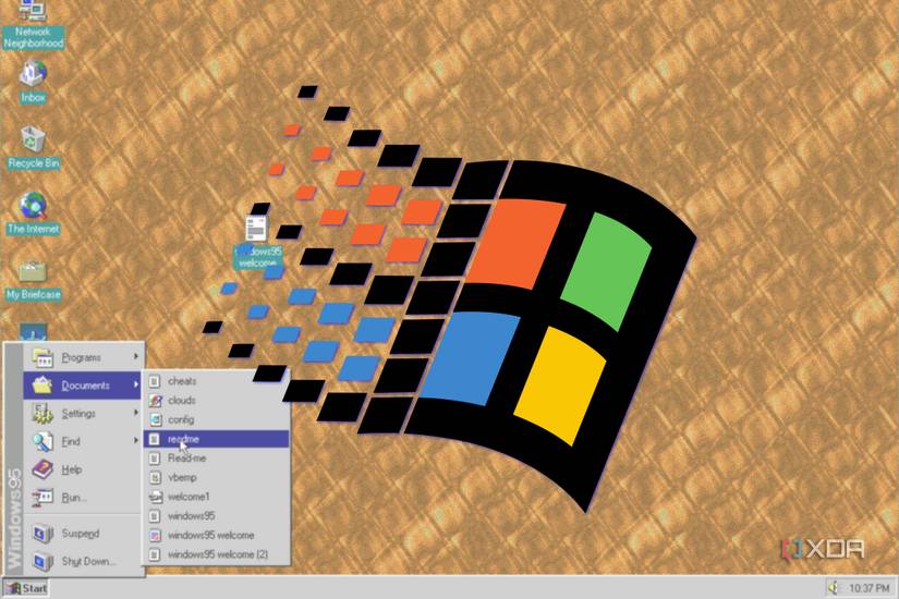 Screenshot of a Windows 95 desktop with a large Windows 95 logo overlaid on top