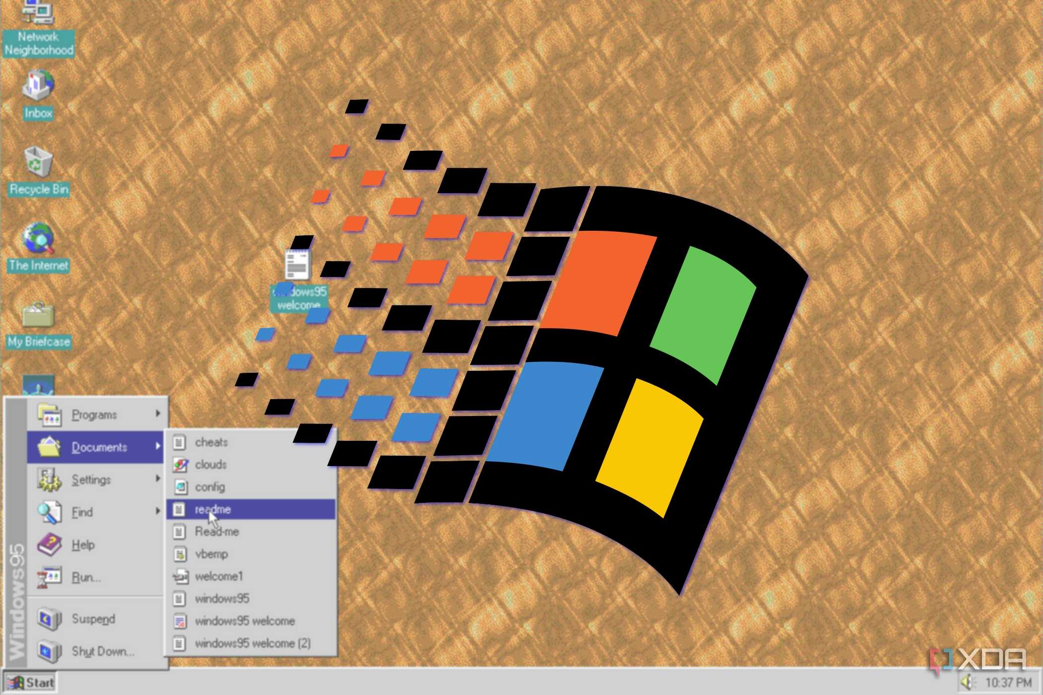 Screenshot of a Windows 95 desktop with a large Windows 95 logo overlaid on top