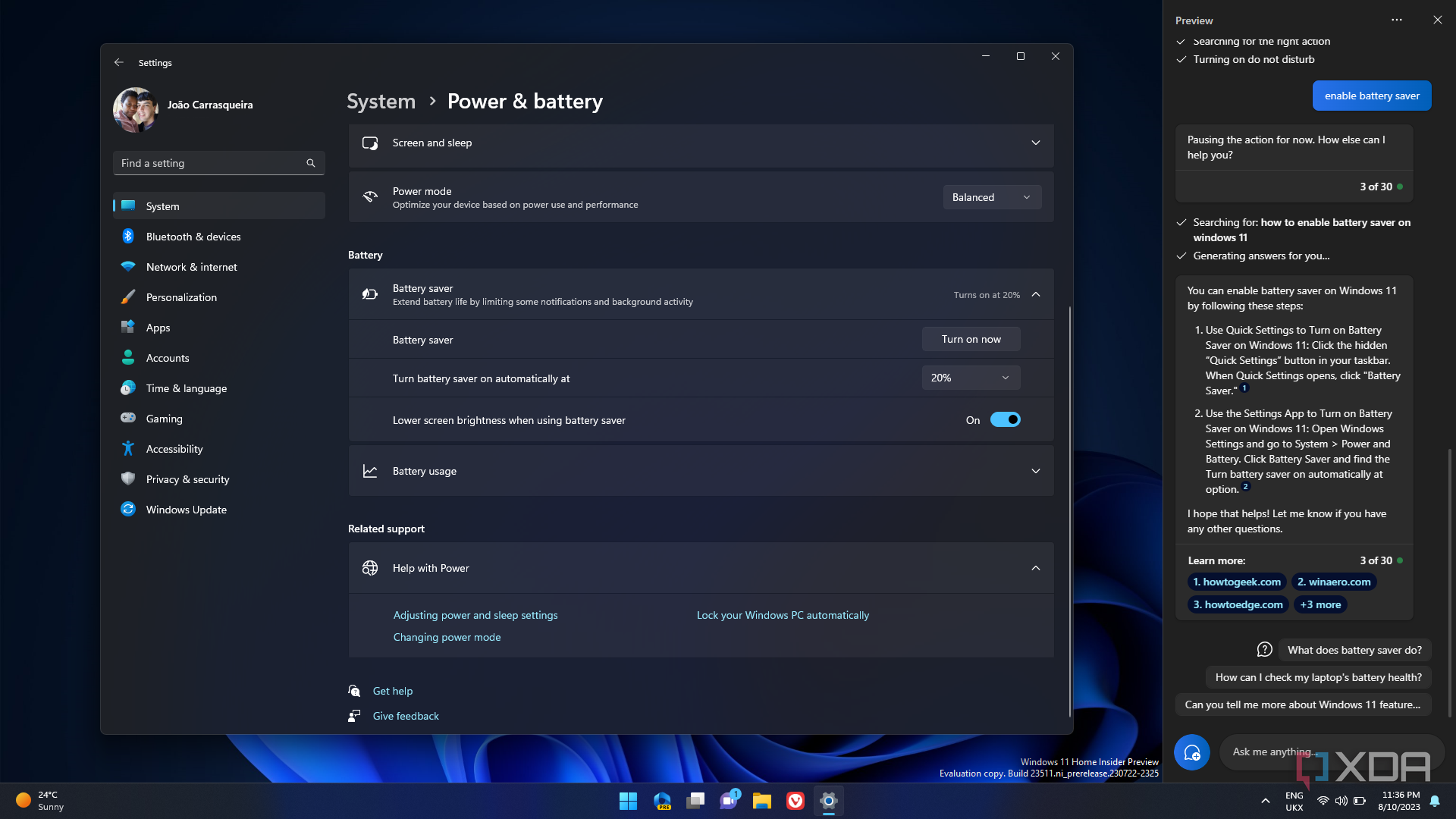 Screenshot of the Windows 11 Settings app showing power and battery settings. Windows Copilot is on the right side and can't change these settings.