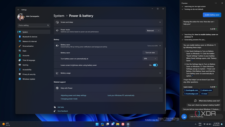Screenshot of the Windows 11 Settings app showing power and battery settings. Windows Copilot is on the right side and can't change these settings.