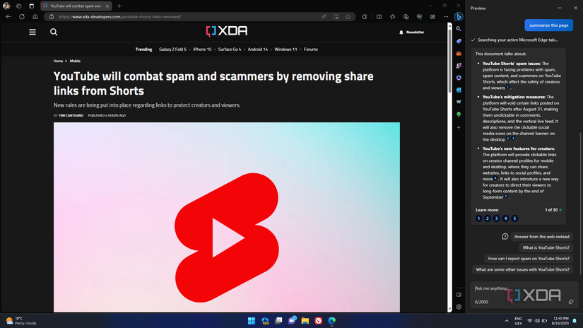 Screenshot of a news article on XDA displayed in Microsoft Edge on Windows 11, with Copilot summarizing the contents of the article on the side.