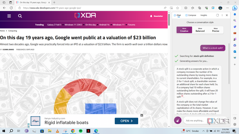 Bing Chat open on XDA website in Microsoft Edge