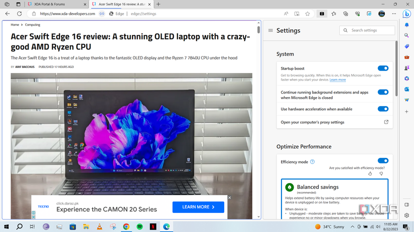 Split screen view open in Microsoft Edge
