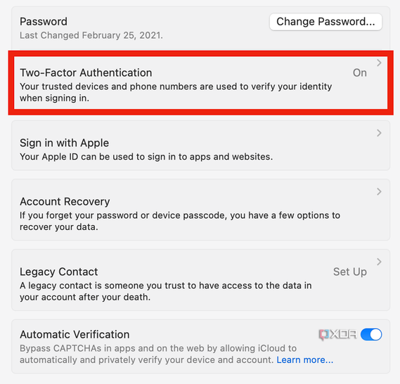 The two-factor authentication settings in System Settings