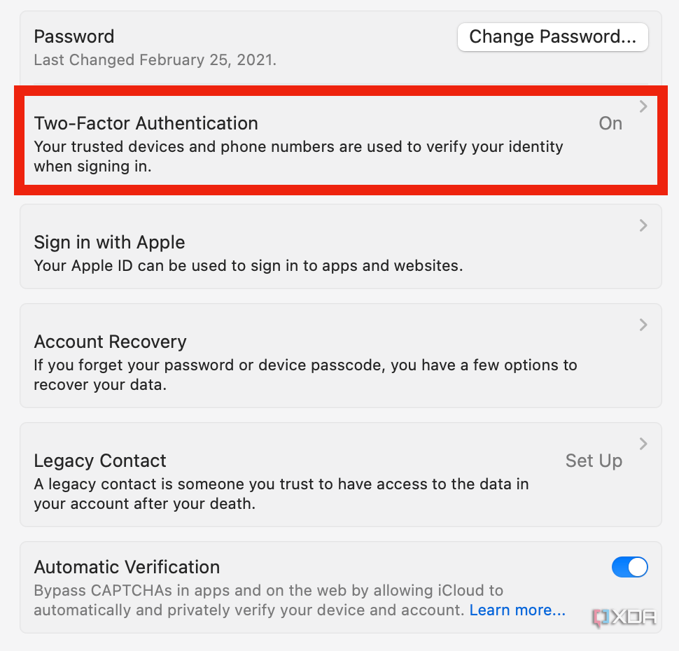 The two-factor authentication settings in System Settings