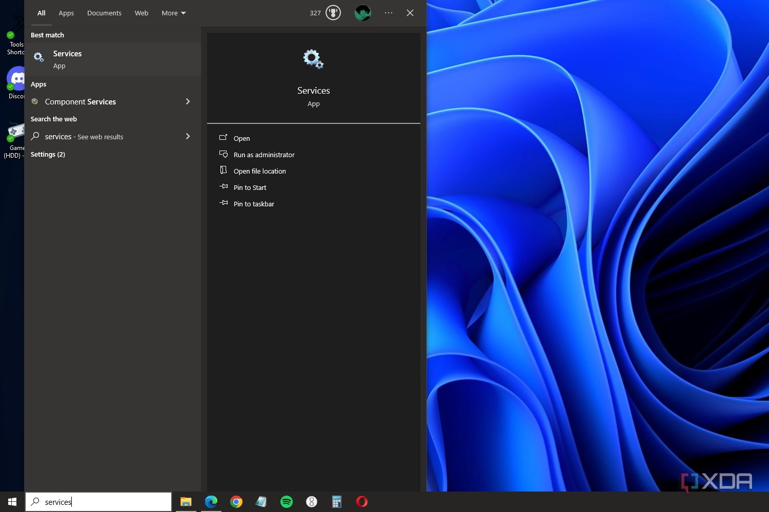 Windows screenshot that shows the Services app in the Start menu
