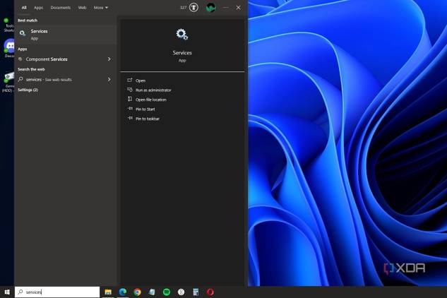 Windows screenshot that shows the Services app in the Start menu