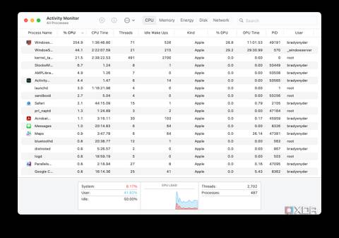 macOS activity monitor while running a Windows 11 VM. 