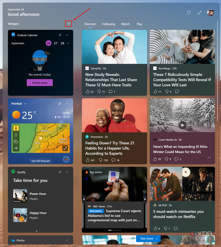 Screenshot of the Widgets panel with the add widget button highlighted