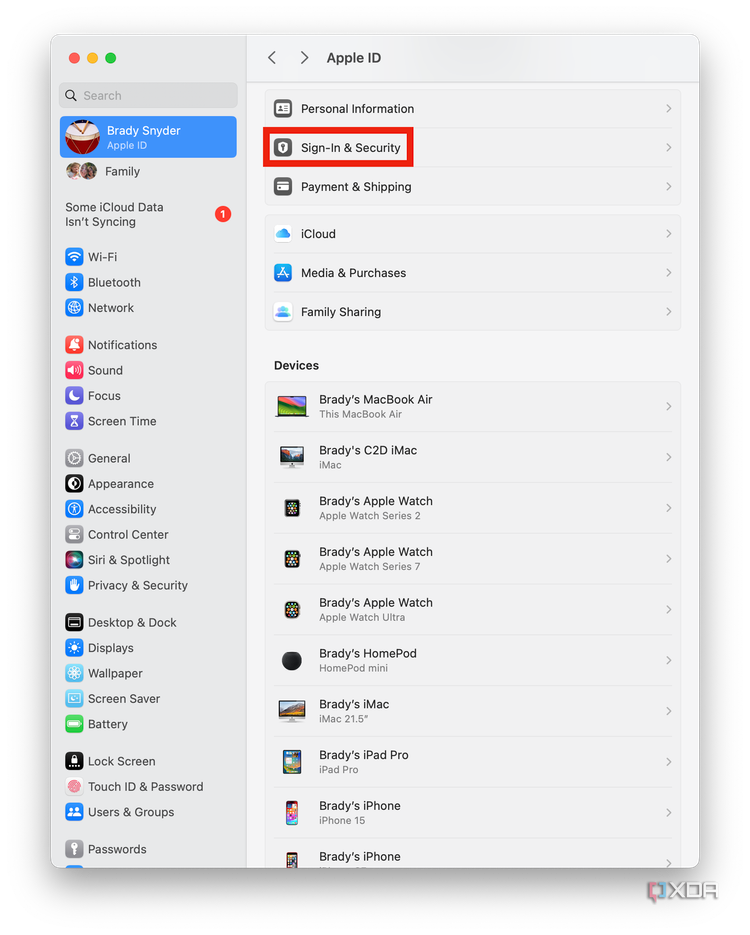 The sign-in and security pane in macOS. 