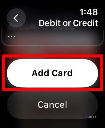 Add Card highlighted in Apple Wallet app on Apple Watch.