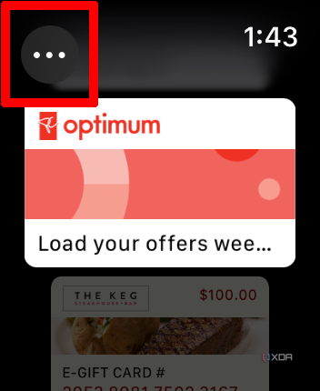A loyalty card showing in Apple Wallet, the three dots at the top selected.
