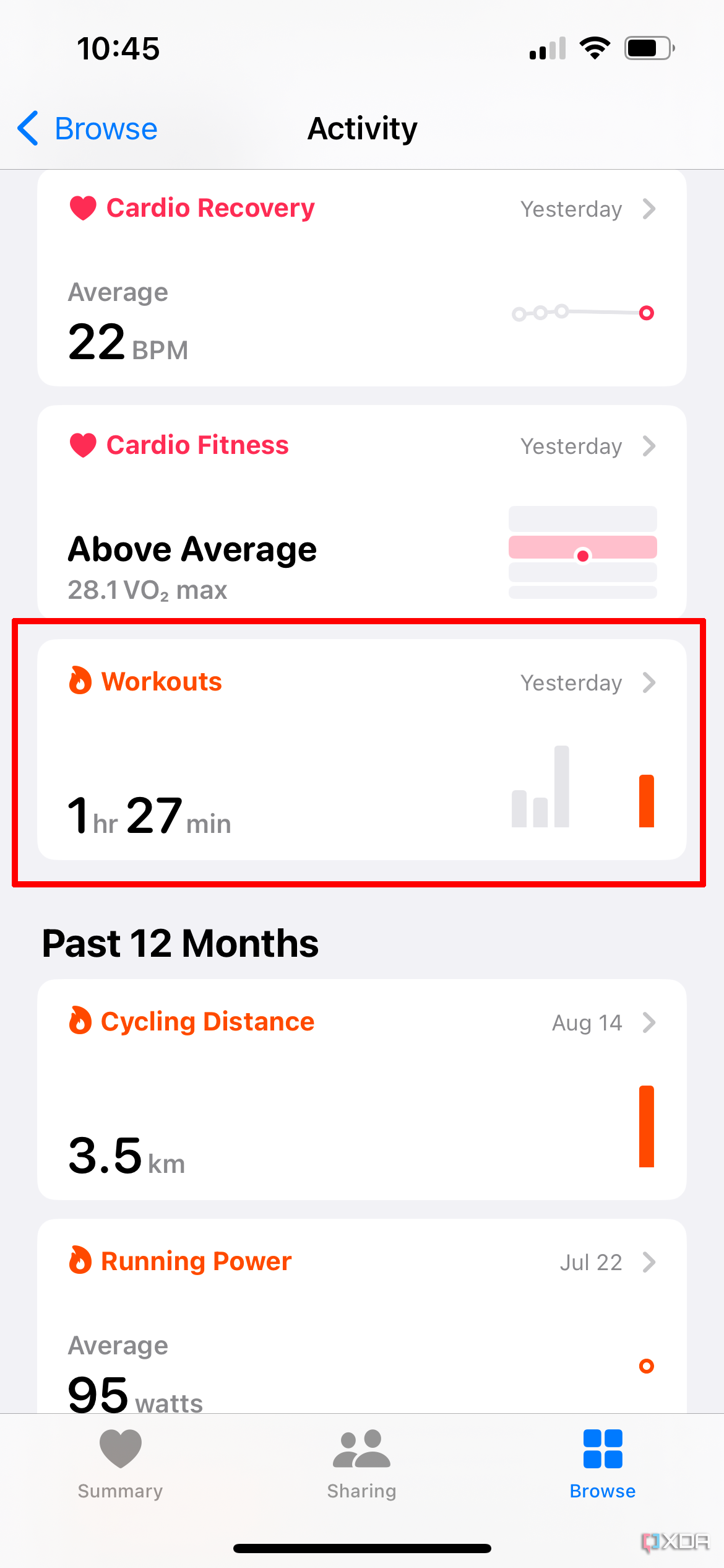 Apple Health app with the Activity page and Workouts selected.