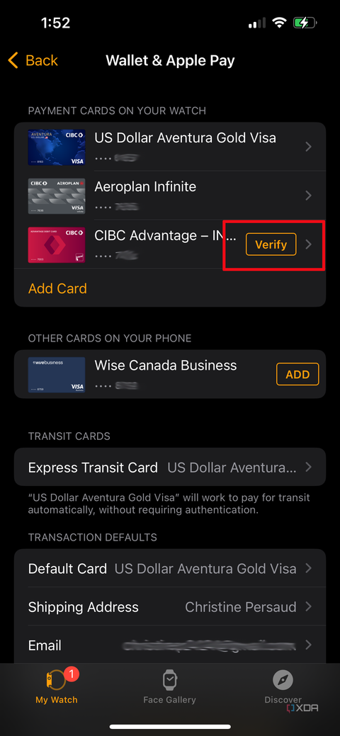 Apple Pay page in Apple Watch app with Verify highlighted for a new card