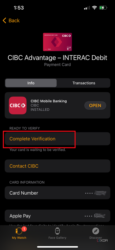 New card page in Apple Watch app showing Compete Verification highlighted
