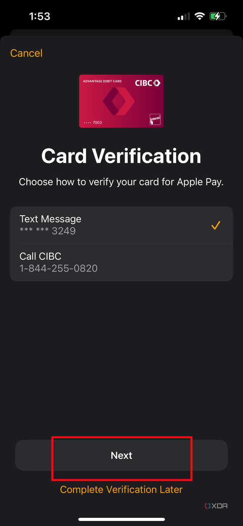 Card Verification options in Apple Watch ap showing text message or bank and Next highlighted