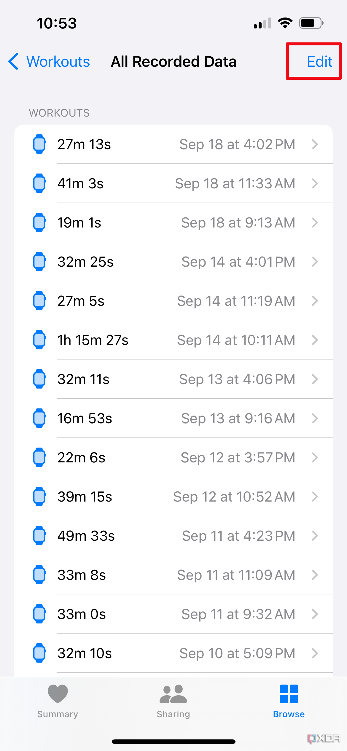 Apple Health app showing all recorded data and edit selected